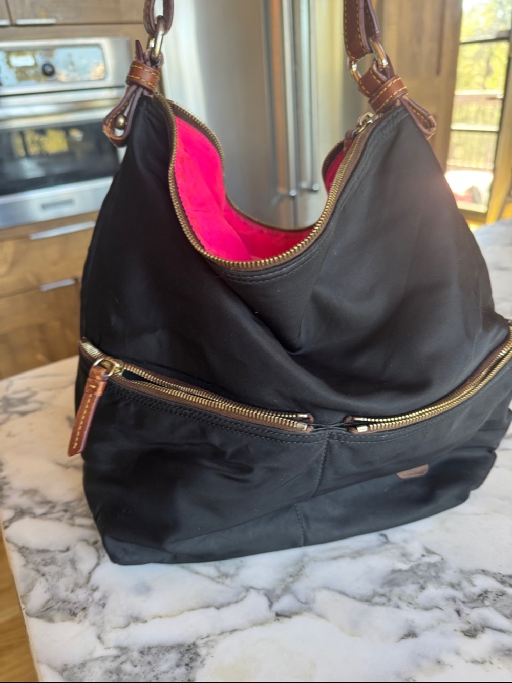 Dooney & Bourke VTG Nylon Shoulder Bag with Brown Leather Trim & Pink Lining - Picture 14 of 15